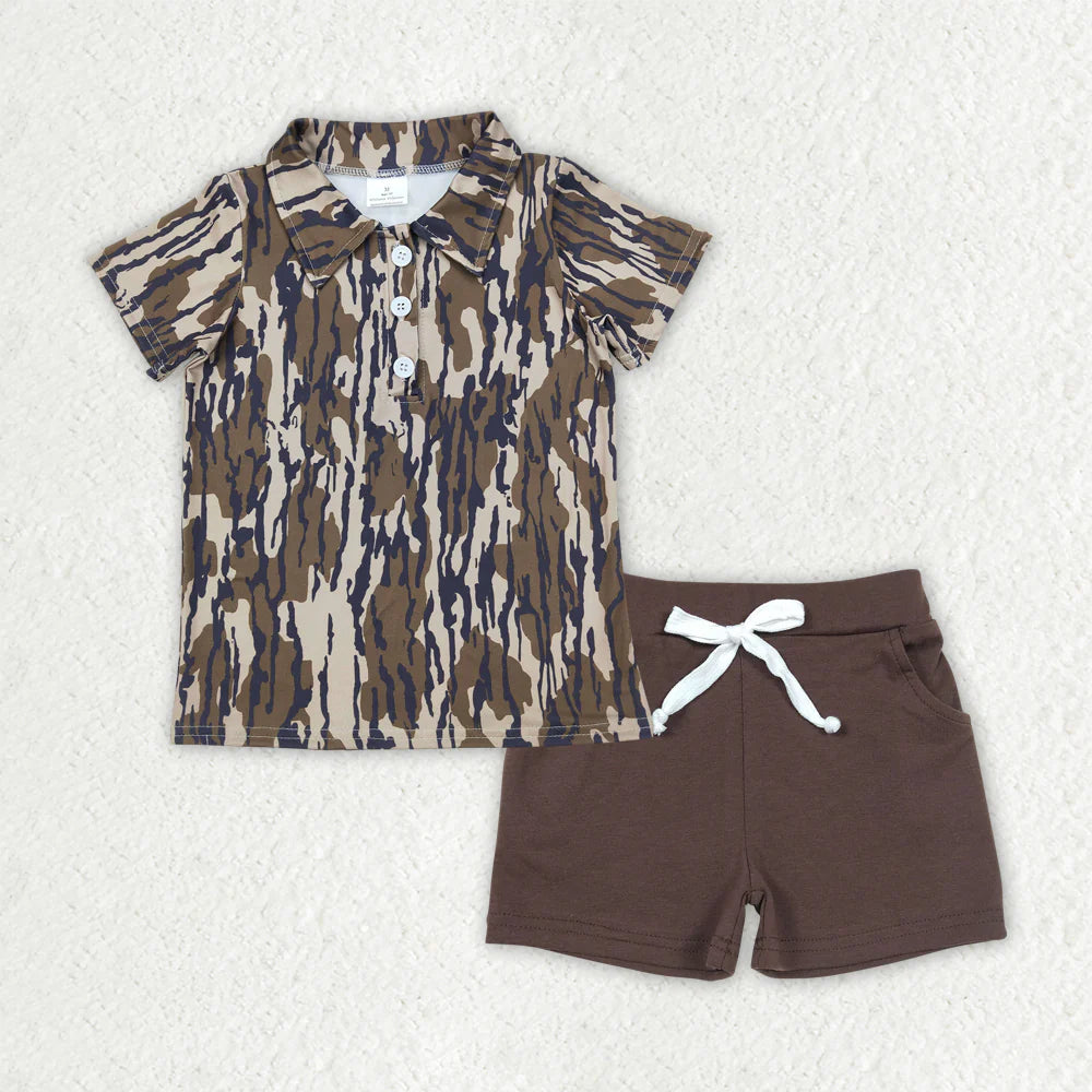 Sibling Baby Boys Camo Dog Print Button Shirts Pockets Short Outfit