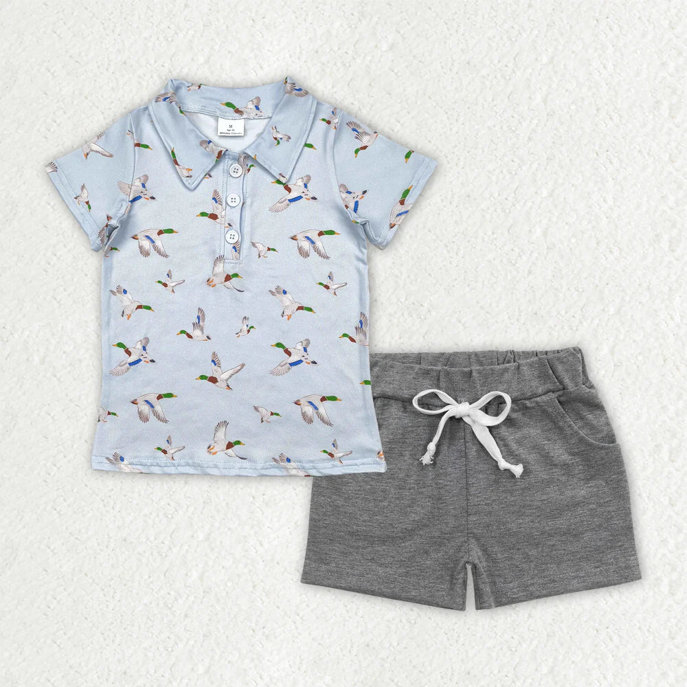 Sibling Baby Boys Ducks Fishing Print Button Polo Shirts Pockets Short Western Set