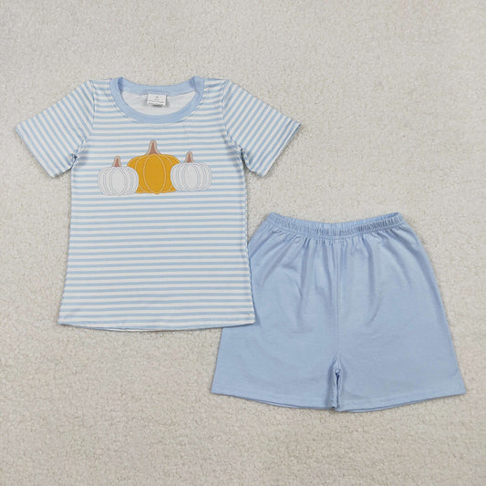 BSSO1548 Pumpkin Embroidery Stripes Top Blue Shorts Boys Fall Clothes Set