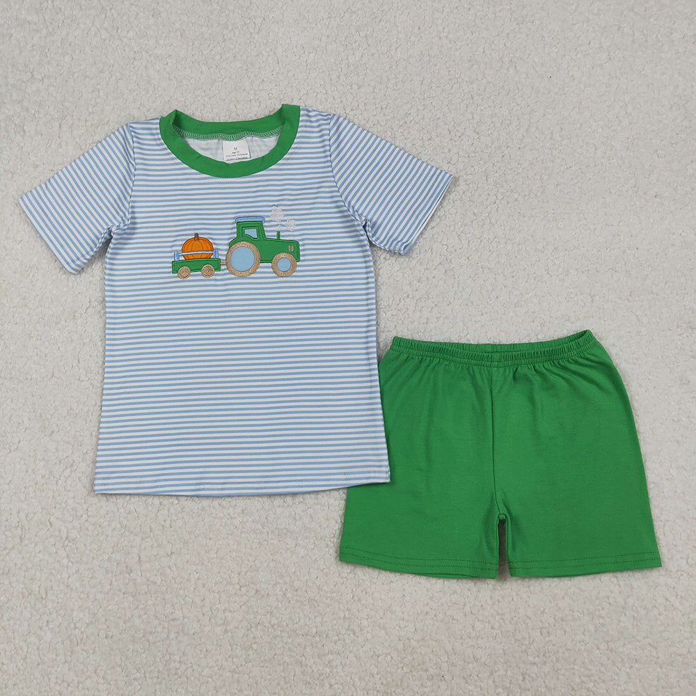 BSSO1549 Pumpkin Tractor Embroidery Stripes Top Green Shorts Boys Fall Clothes Set