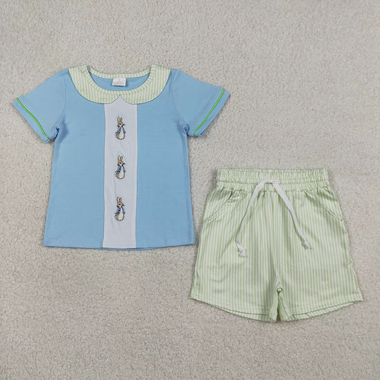 Bunny Embroidery Blue Cotton Kids Easter Doll Collar Styles Sibling Matching Wear