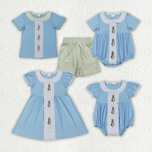 Bunny Embroidery Blue Cotton Kids Easter Doll Collar Styles Sibling Matching Wear