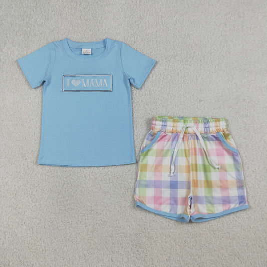 BSSO1605 I Love Mama Embroidery Blue Top Plaid Shorts Boys Summer Clothes Set