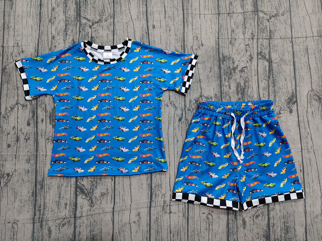Baby Boys Hot Blue Motor Cars Plaid Top Shorts Clothes Sets Preorder