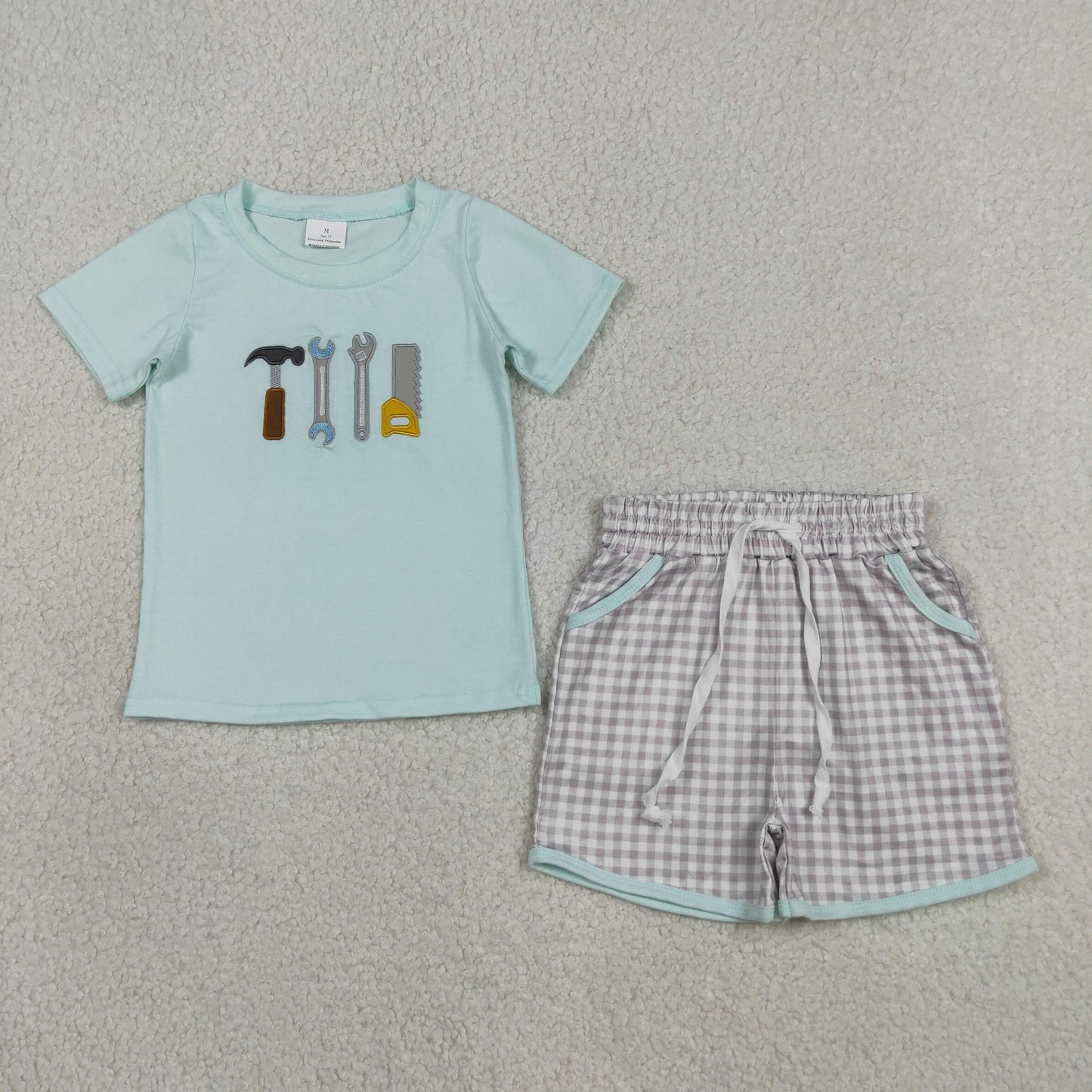Toddler Boys Tools Embroidery Outfit,Kids Mint Green Shirt & Gingham Shorts Set