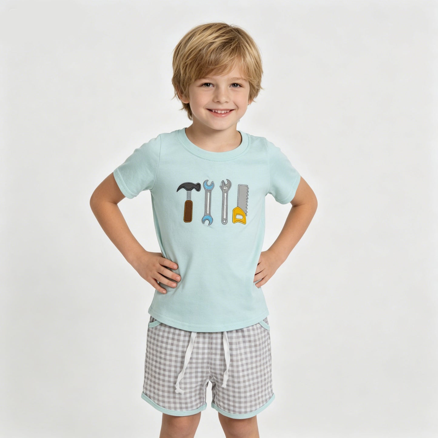 Toddler Boys Tools Embroidery Outfit,Kids Mint Green Shirt & Gingham Shorts Set