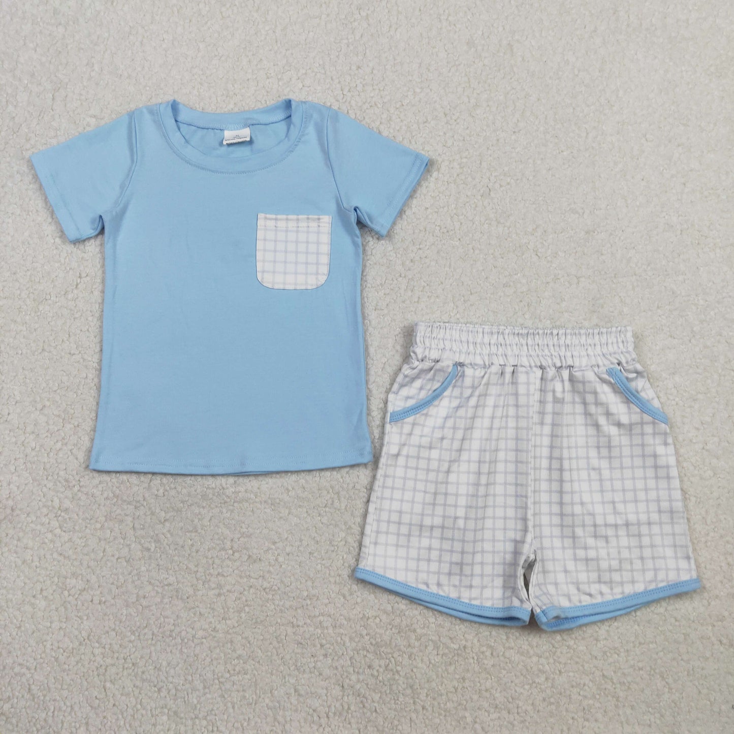 Sibling Baby Boys Light Blue Shirt Top Checked Pockets Short Clothes Set Rompers