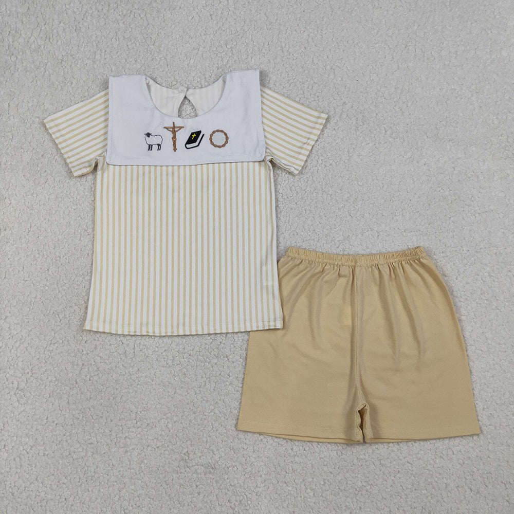 BSSO1777 Cross Embroidery Stripes Top Khaki Shorts Boys Easter Clothes Set
