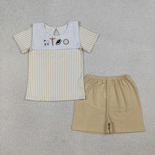 BSSO1777 Cross Embroidery Stripes Top Khaki Shorts Boys Easter Clothes Set