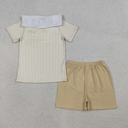 BSSO1777 Cross Embroidery Stripes Top Khaki Shorts Boys Easter Clothes Set