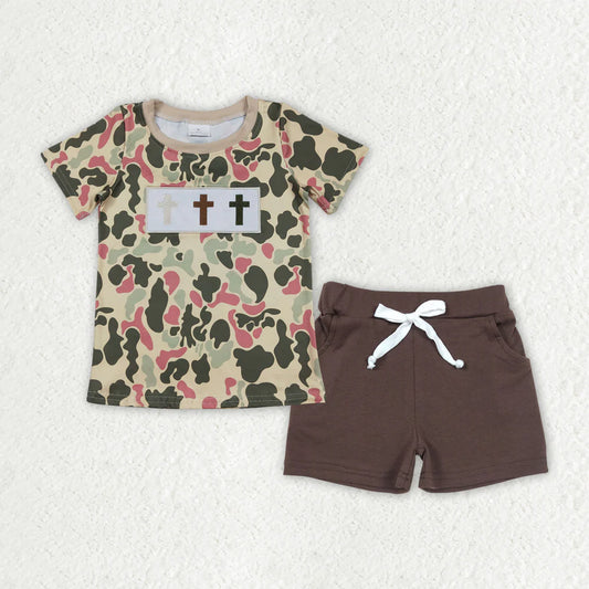 Embroidery Crosses Baby Boys Camo Top Pockets Shorts Easter Outfit