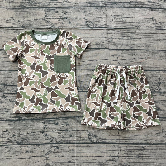 BSSO1792 Boys’ Green Pocket Moose Antler Camo Short Sleeve Top & Shorts Set