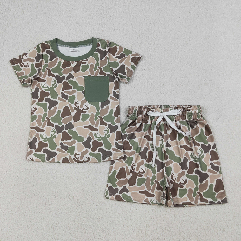 BSSO1792 Boys’ Green Pocket Moose Antler Camo Short Sleeve Top & Shorts Set