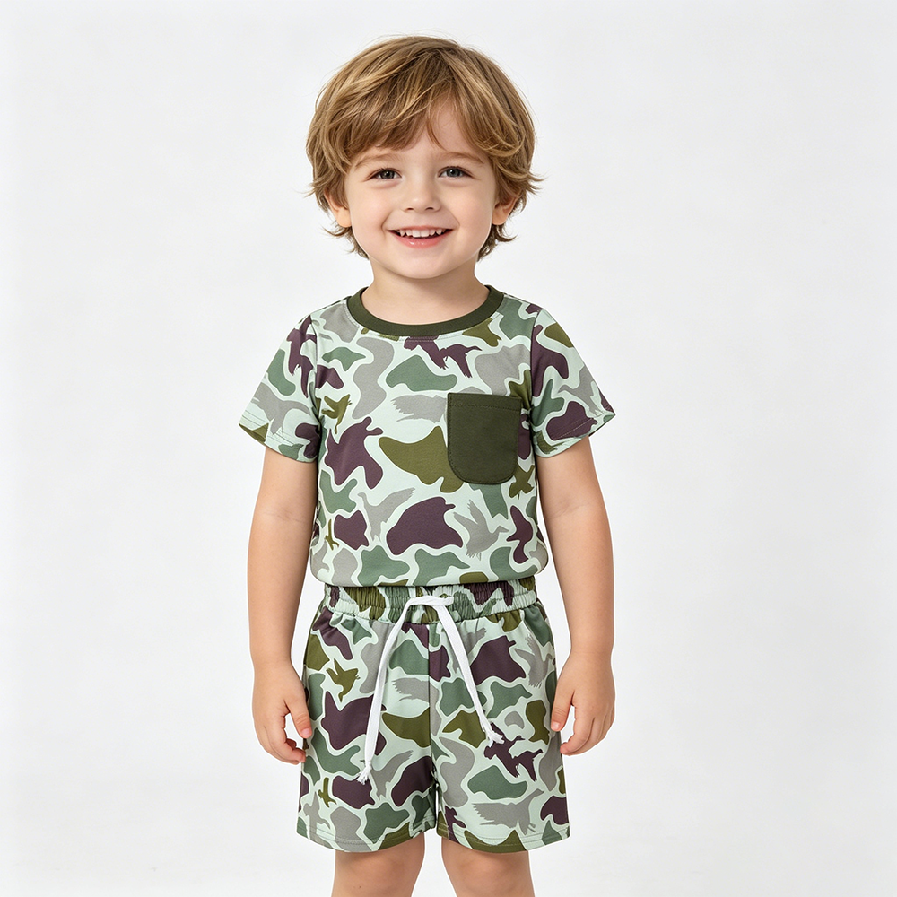 BSSO1793 Pocket Duck Green Camo Top Shorts Boys Summer Clothes Set