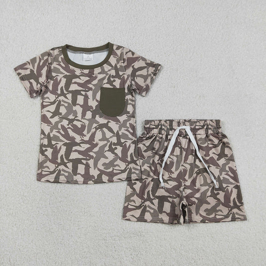 BSSO1795 Duck Camo Print Pocket Top Shorts Boys Summer Clothes Set