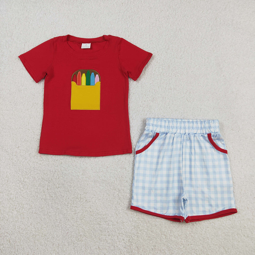 BSSO1819 Pen Embroidery Red Top Plaid Pockets Shorts Boys Back to School Clothes Set