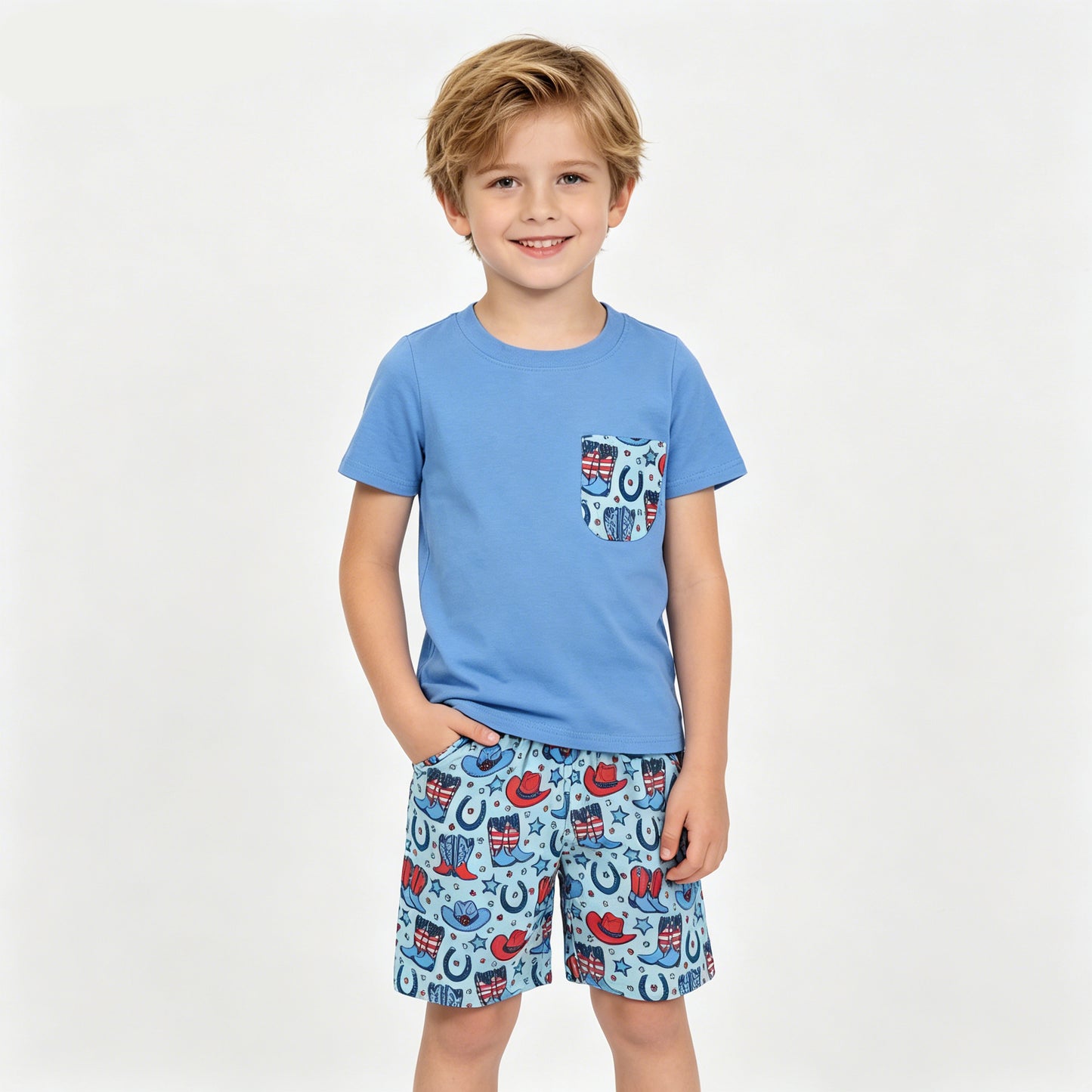 Baby Boys Sibling July 4th Western Shorts Set +Romper