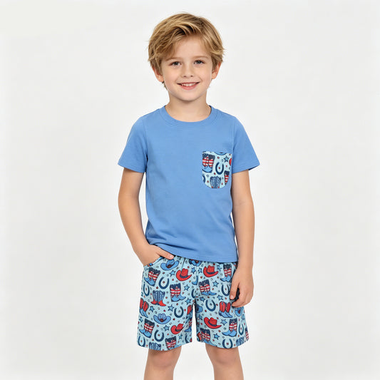 Baby Boys Sibling July 4th Western Shorts Set +Romper