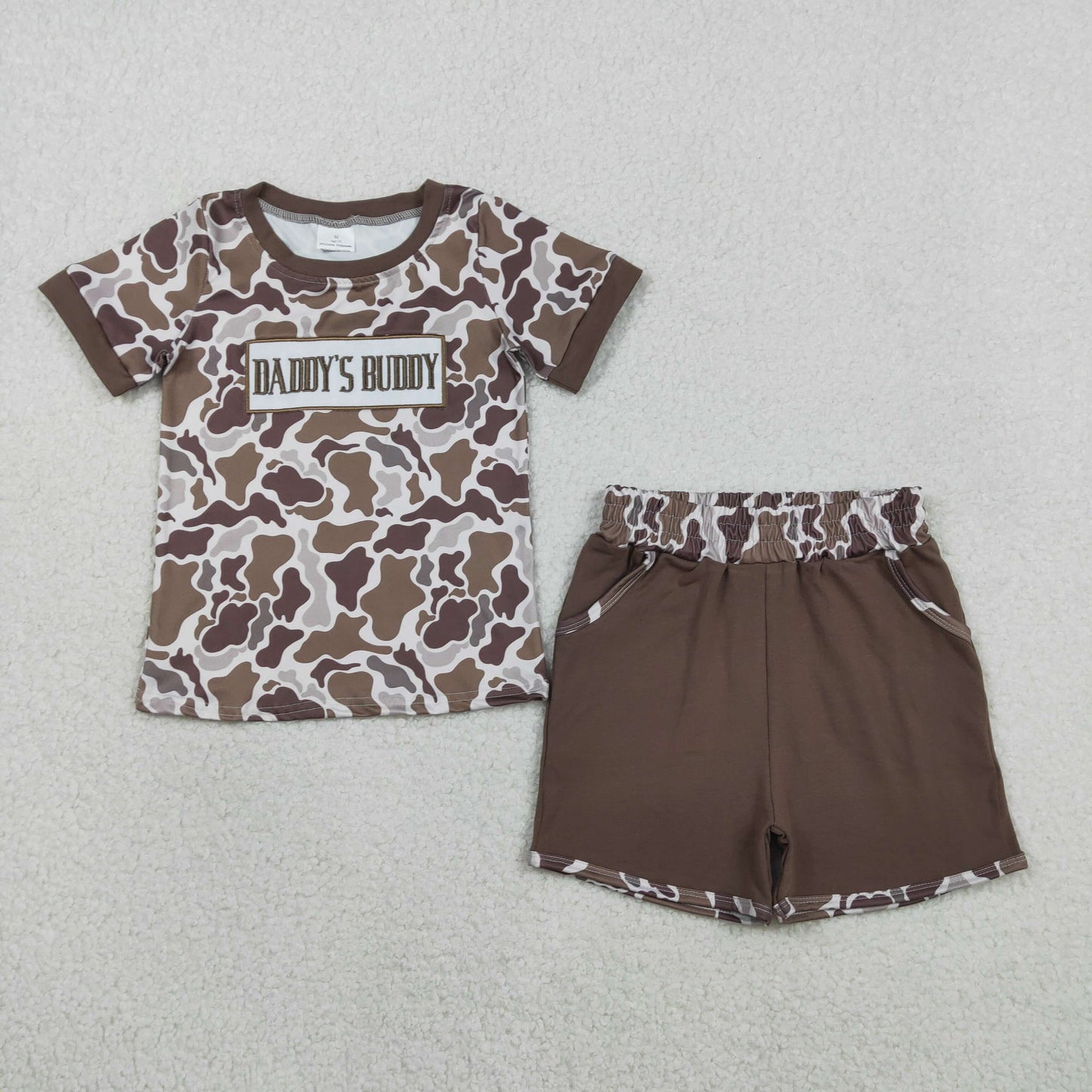 Sibling Embroidery Mama's Boy Girl Brown Camo Shorts Clothes Set Dress Rompers