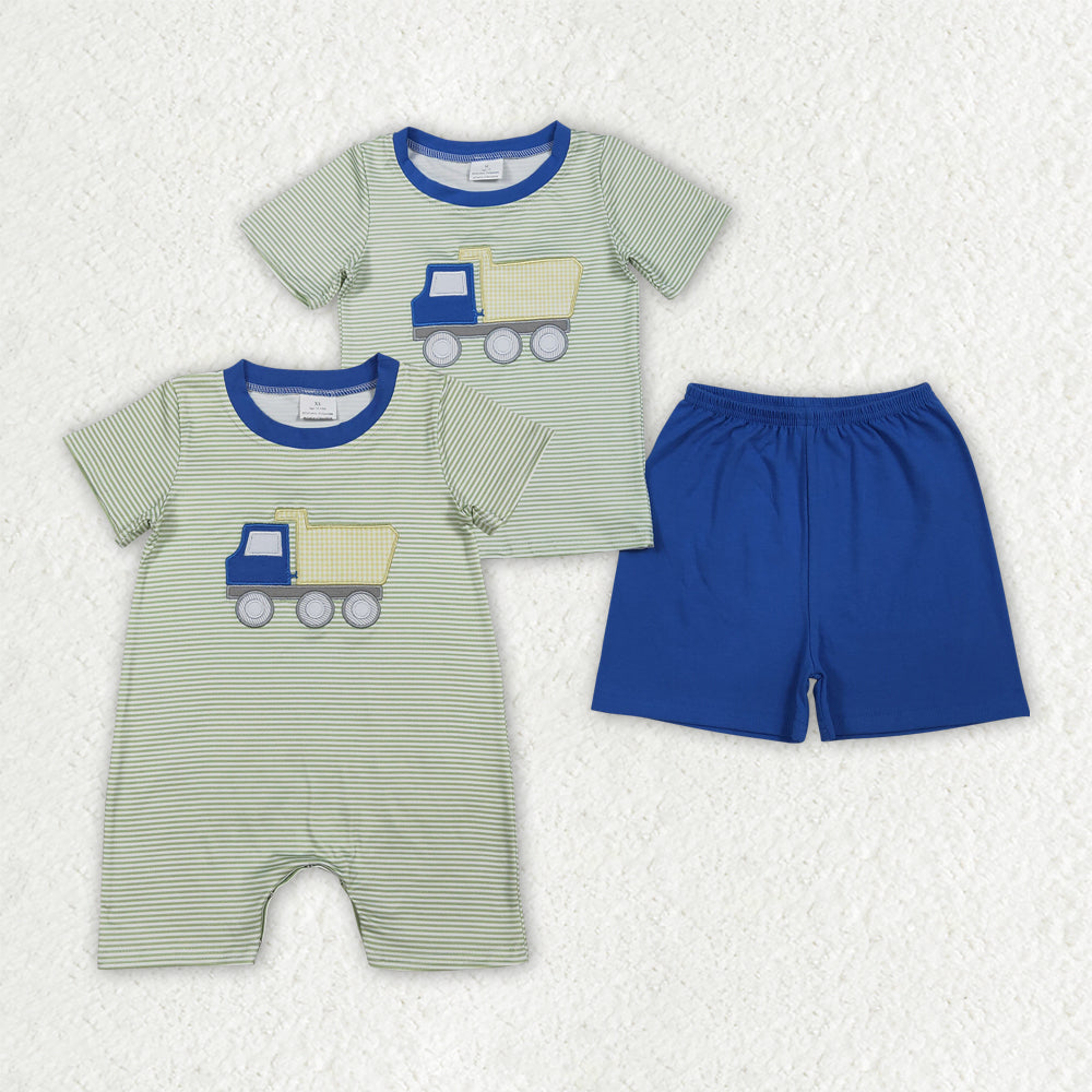 Dump Truck Embroidery Stripes Print Boys Summer Clothes Sibling Matching Wear
