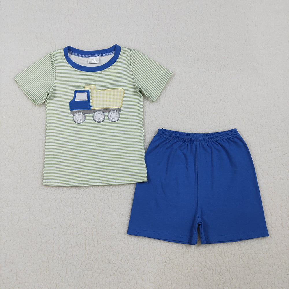 Dump Truck Embroidery Stripes Print Boys Summer Clothes Sibling Matching Wear