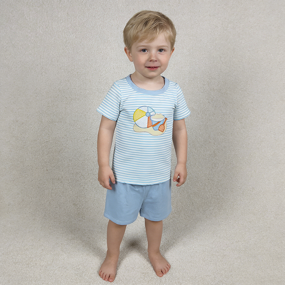 BSSO1834 Beach Ball Embroidery Striped Tee & Blue Shorts Set – Boys’