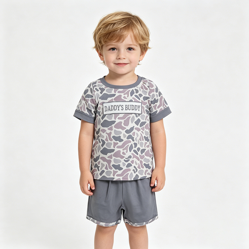 BSSO1838 DADDYS BUDDY Embroidery Camo Top Grey Shorts Boys Clothes Set
