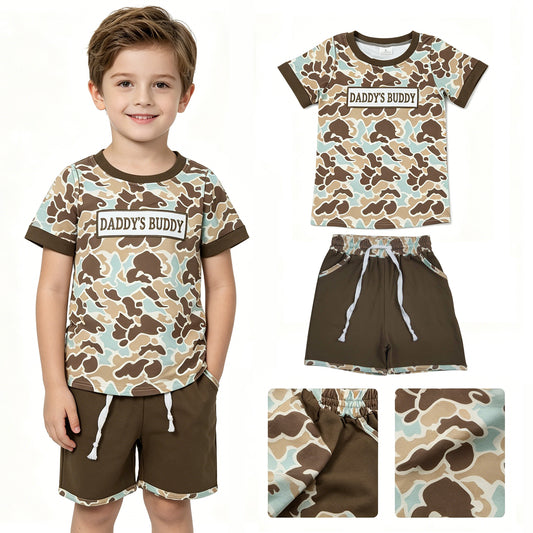 BSSO1839 DADDY'S BUDDY Embroidery Camo Top Brown Pockets Shorts Boys Summer Clothes Set