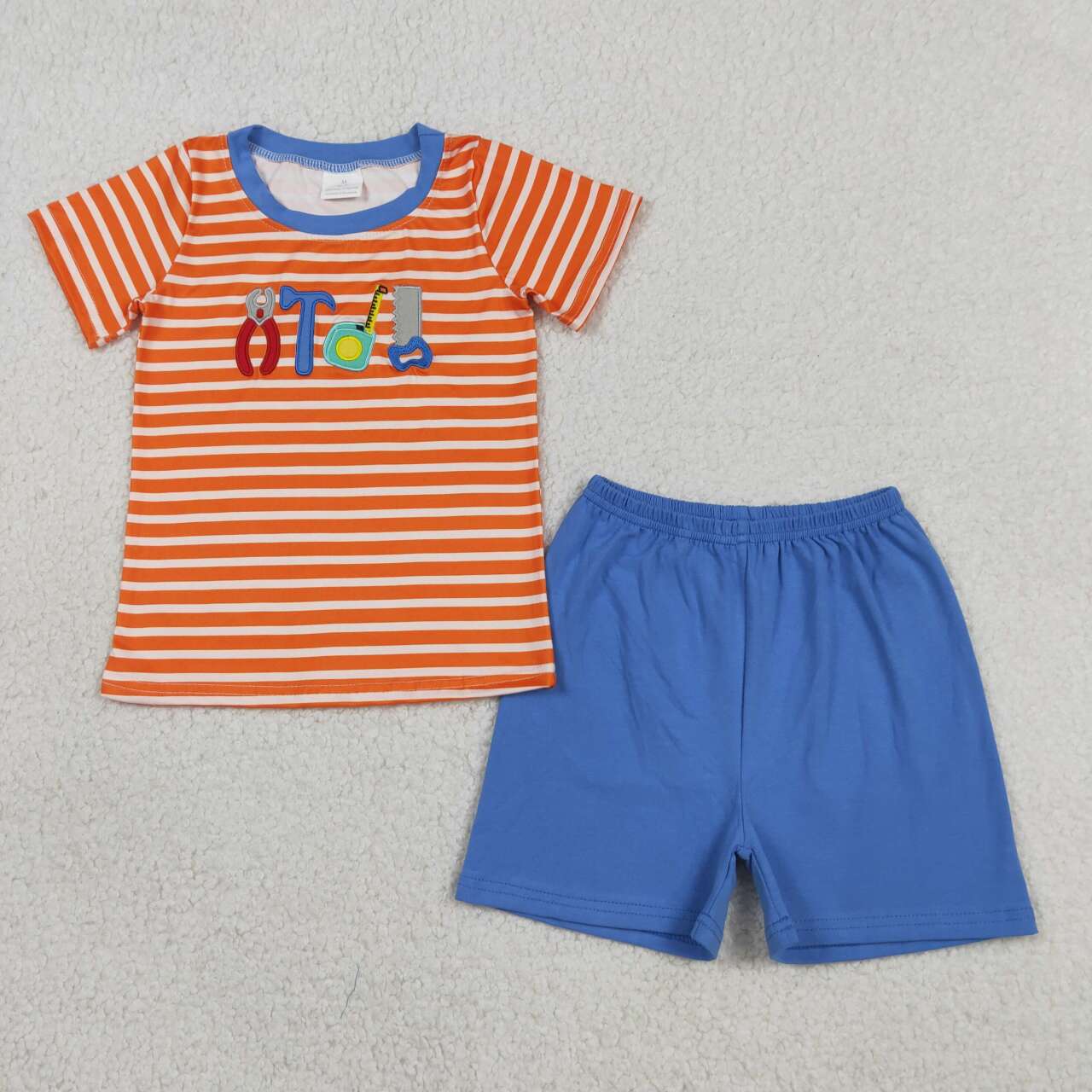 Sibling Boys Tool Embroidery Matching Outfit - Toddler Orange Stripe Set & Baby Romper