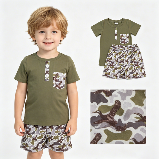 BSSO1856 Green Pocket Polo Top Duck Camo Shorts Boys Summer Clothes Set