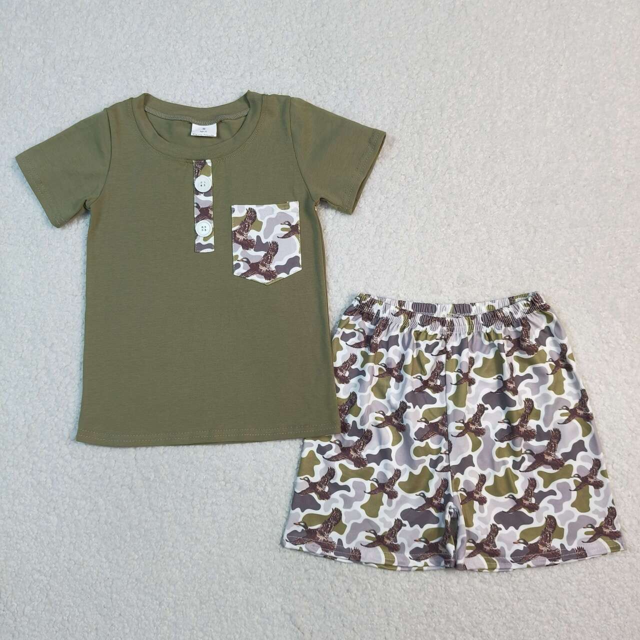 BSSO1856 Green Pocket Polo Top Duck Camo Shorts Boys Summer Clothes Set