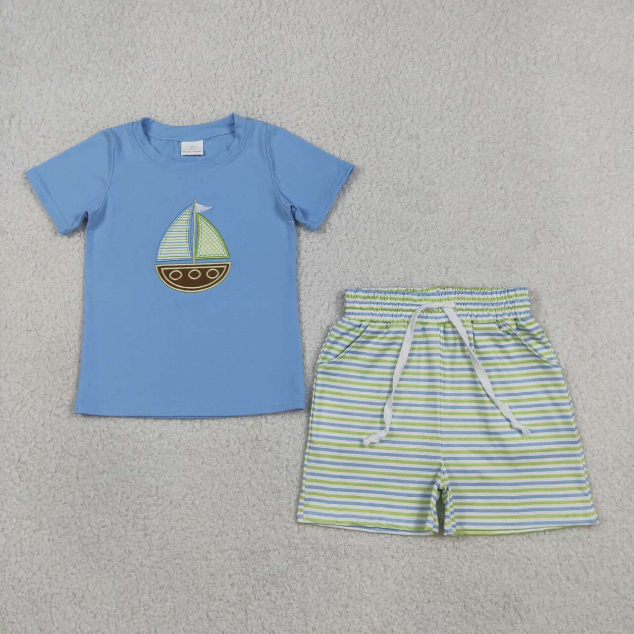 BSSO1860 Sailboat Embroidery Blue Tee & Stripes Shorts Boys’ Clothes Set