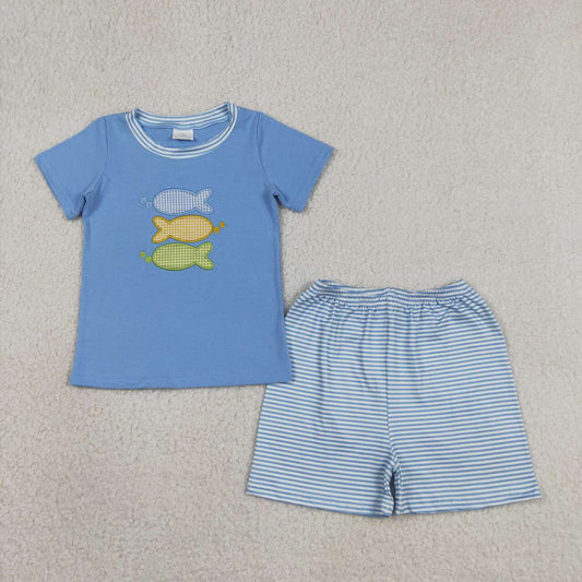 BSSO1905 Fish Embroidery Blue Top Stripes Shorts Boys Summer Clothes Set