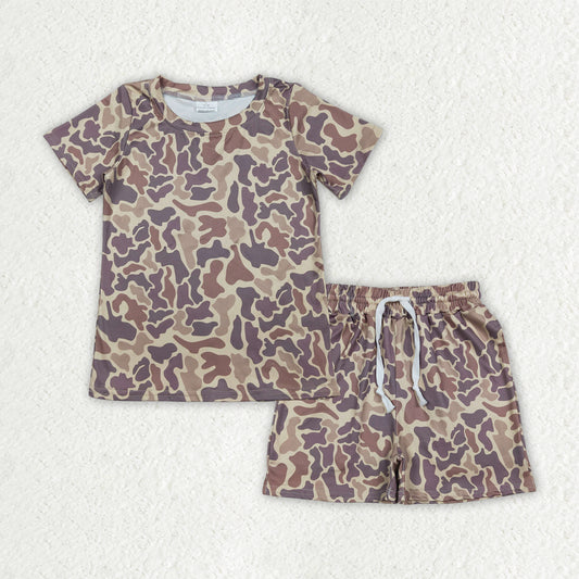 BSSO1909 Brown Green Camo Print Boys Summer Clothes Set
