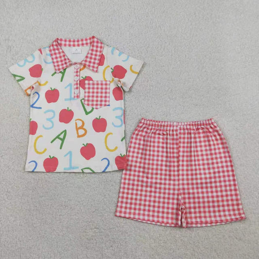 Sibling Back to School Outfit Apple Print Short Sleeve Top +Red Gingham Shorts Set