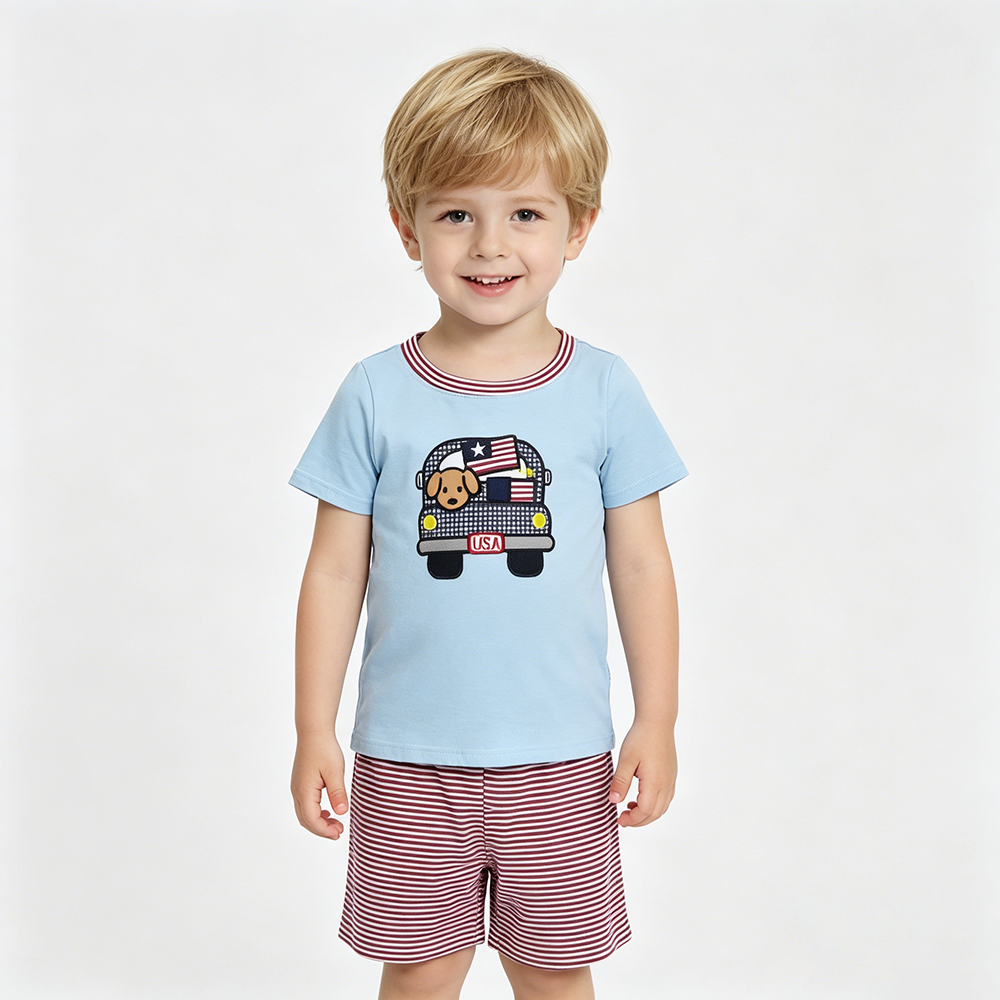 BSSO1918 Dog Car USA Embroidery Blue Tee & Stripes Shorts Boys’ 4th of July Clothes Set