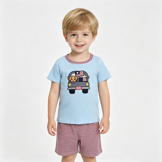 BSSO1918 Dog Car USA Embroidery Blue Tee & Stripes Shorts Boys’ 4th of July Clothes Set