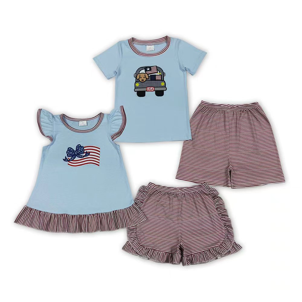 Sibling Boys Baby Girls 4th Of July Embroidery Blue Top +Stripes Shorts Outfits