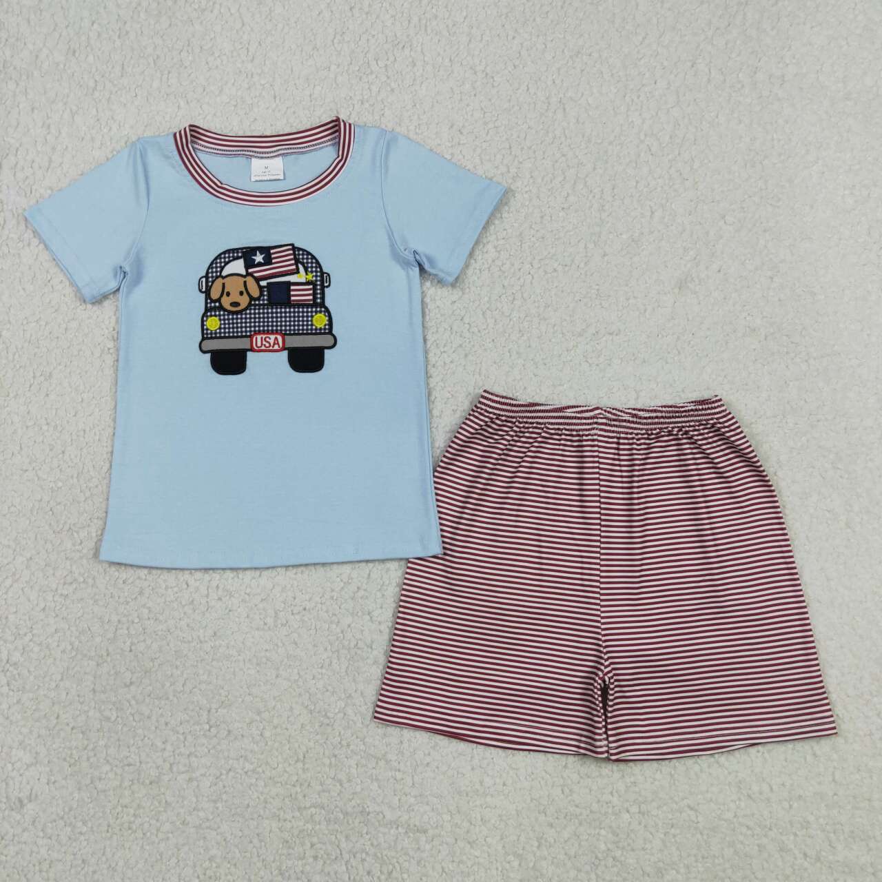 Sibling Boys Baby Girls 4th Of July Embroidery Blue Top +Stripes Shorts Outfits
