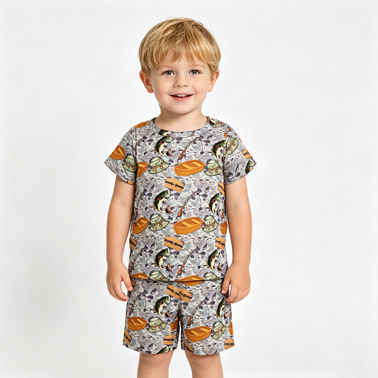 Fishing Camo Print Boys Summer Clothes Set