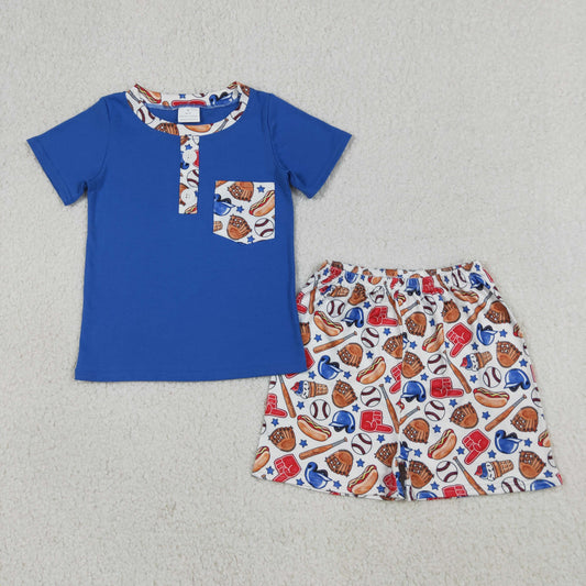 Blue Polo Pocket Top Baseball Stars Shorts Boys 4th of July Clothes Set