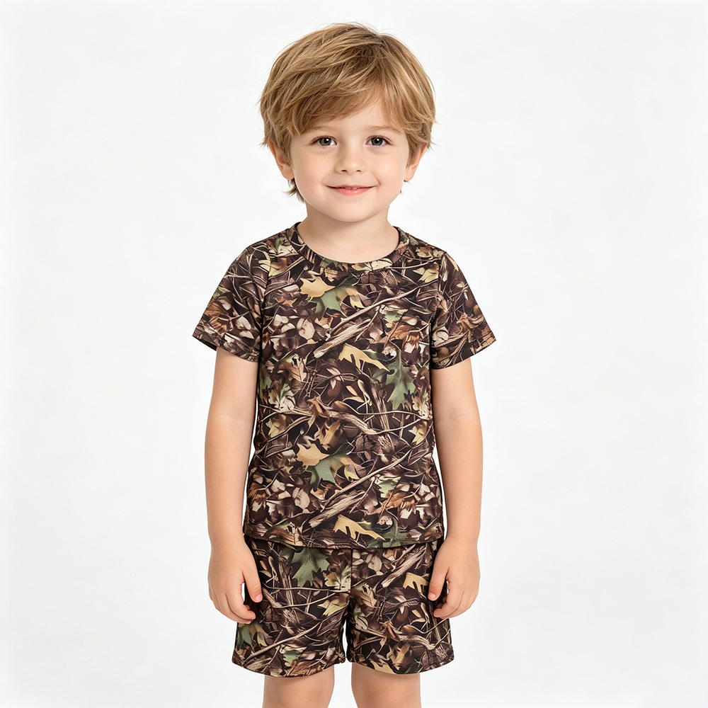 BSSO1929 Branch Brown Camo Print Boys Summer Clothes Set