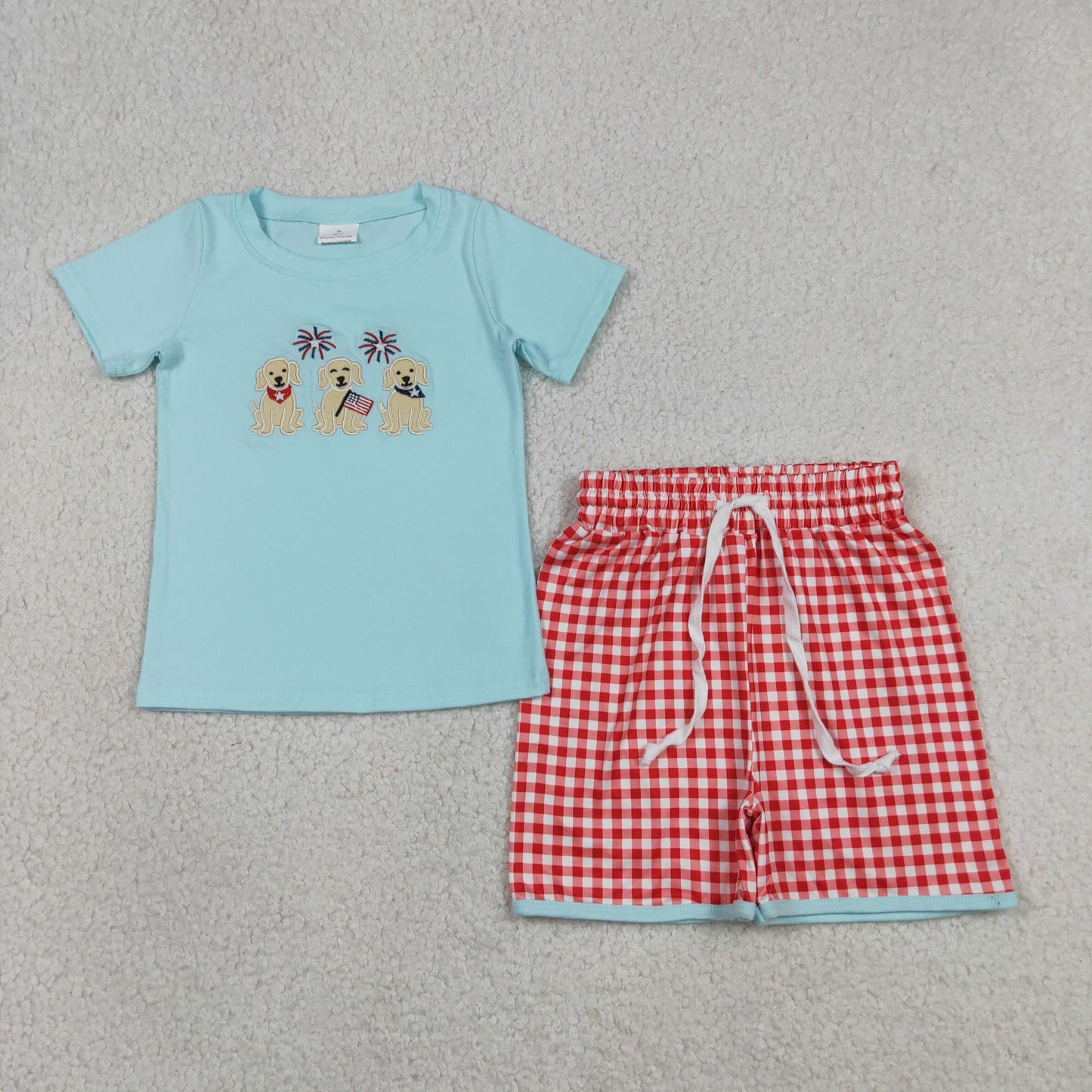 Toddler Boy 4th of July Outfit, Embroidered Dog Patriotic Shirt & Gingham Shorts Set