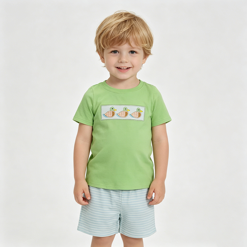 BSSO1946 Duck Embroidery Green Top Stripes Shorts Boys Summer Clothes Set