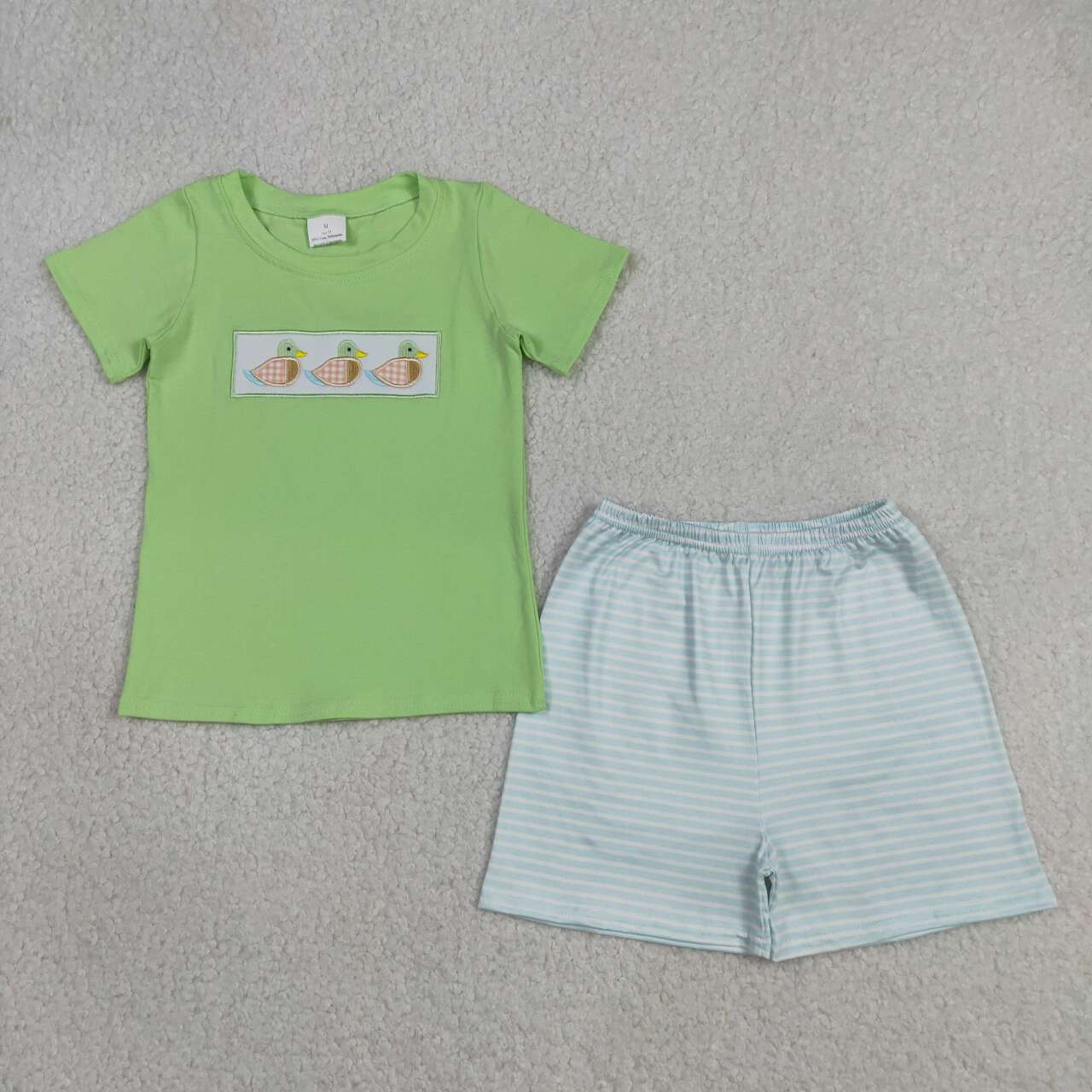 BSSO1946 Duck Embroidery Green Top Stripes Shorts Boys Summer Clothes Set