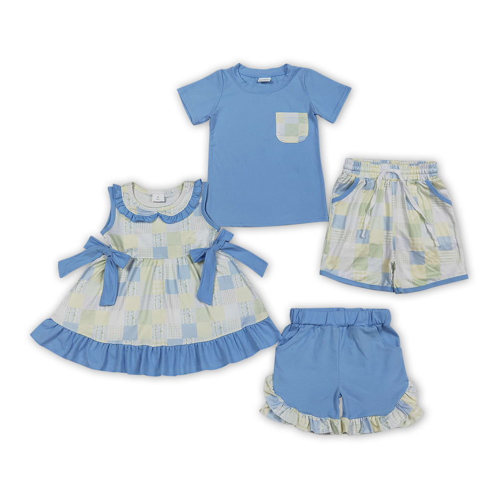 Blue Plaid Shorts Boys & Girls Summer Outfits Sibling Matching Wear