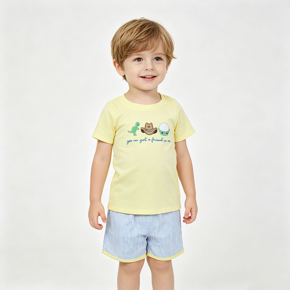 Dino Hat Cartoon Toy Embroidery Yellow Top Stripes Shorts Boys Summer Clothes Set