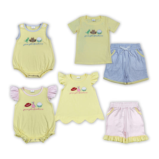Cartoon Toy Embroidery Yellow Stripes Shorts Kids Summer Clothes Sibling Matching Wear