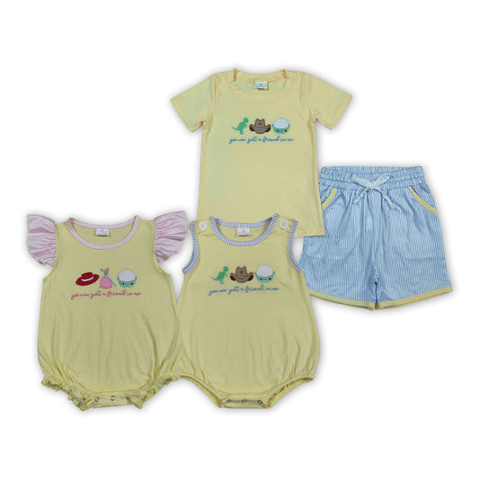 Cartoon Toy Embroidery Yellow Stripes Shorts Kids Summer Clothes Sibling Matching Wear