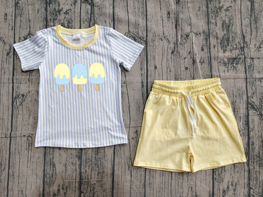 Boys Popsicle Print Outfit - Blue Stripe Tee & Yellow Drawstring Shorts Set Preorder